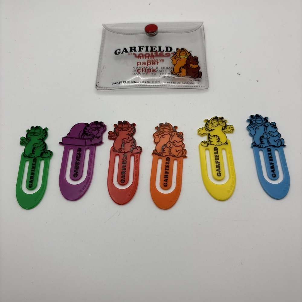 Garfield Mini Colorful Paper Clips 1978 Garfield Set of 6 Original Plastic Pouch